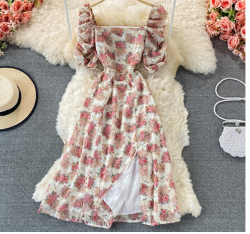 French retro sweet floral chiffon square collar dress female summer first love skirt temperament skirt fairy super fairy forest