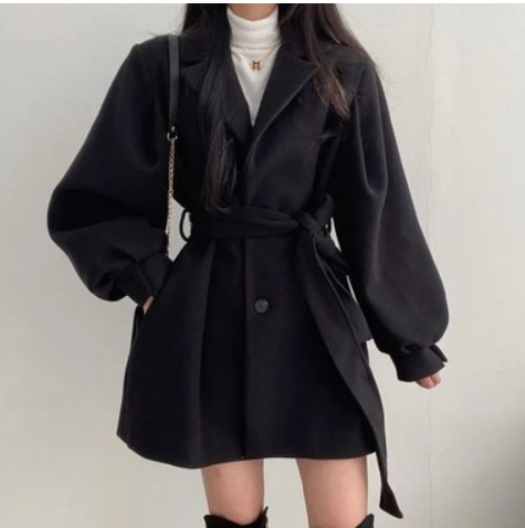 The new Korean version of Chic autumn and winter loose wind coat women's woolen suit collar mid-length and small woolen coat women