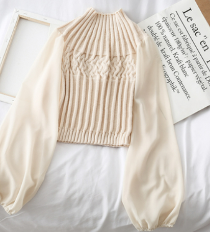 French niche chiffon stitching puff sleeve slim-fit sweater women's new tight-fitting slimming half-high neck short sweater