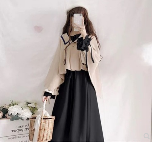 Single/2021 autumn Japanese suit skirt female student doll collar long cloak shawl two-piece trend