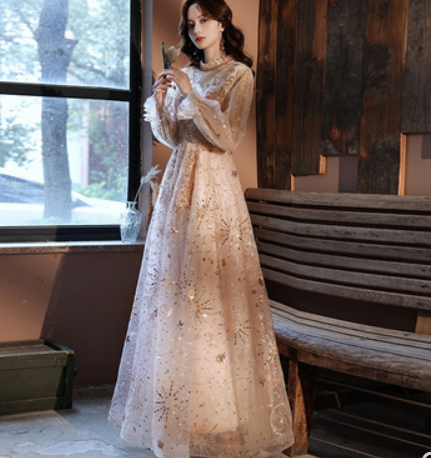 Annual meeting evening dress female 2021 new elegant texture long dress skirt host fairy performance banquet dress