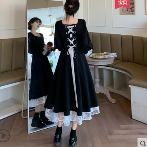 Autumn 2021 new long-sleeved women's dress with waist and thin black dress dress skirt Hepburn style long skirt