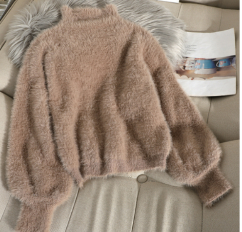 E165 autumn and winter new mink fleece sweater women's pullover short lantern sleeves loose thick mohair knitted jacket