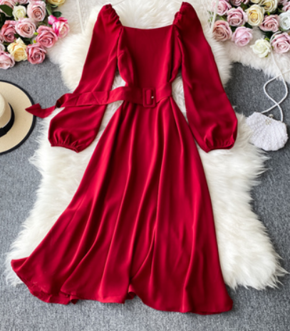 2021 autumn new French retro palace style square collar temperament fairy dress waist thin red open back dress