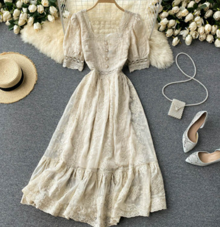 Palace style dress waist summer new style retro heavy embroidery lace square collar slim mid-length ruffle skirt