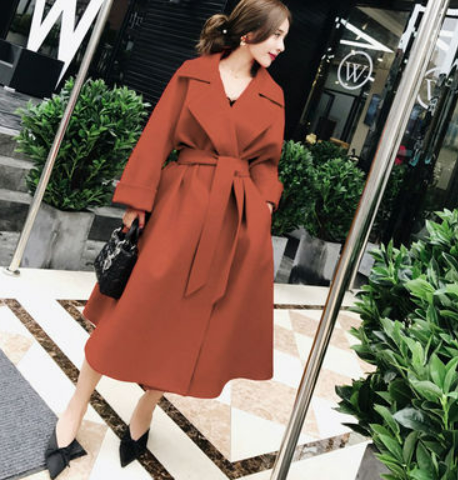 Plus size women's fat mm woolen coat mid-length Korean style woolen coat with waist and thin winter clothes wedding red