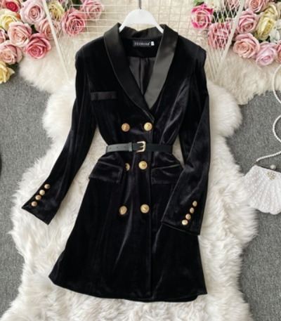 Royal sister temperament suit dress goddess Fan Qiudong new waist slimming long-sleeved gold velvet a-line short skirt tide