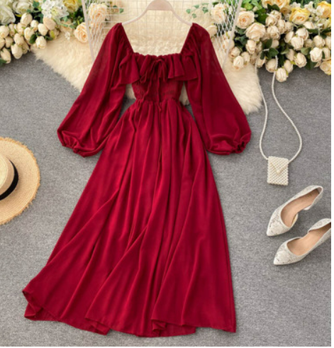 chic gentle style dress autumn 2020 new female French retro square collar foreign style bubble sleeve chiffon skirt