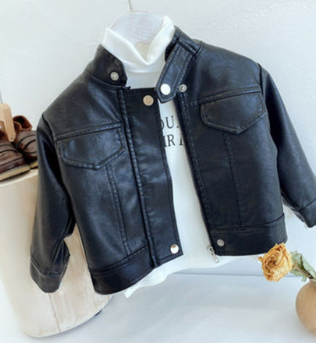 Children's stand-up collar leather jacket for fall 2021 new Korean boys and girls pu motorcycle leather jacket baby wild jacket tide