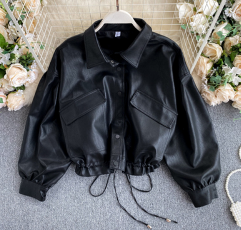 Korean retro bf wind loose leather jacket women retro big pocket slim short motorcycle jacket