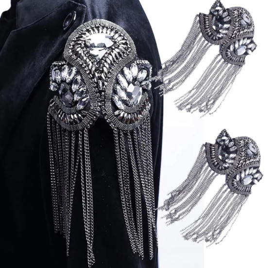 1pair Blazer Shoulder Beaded Tassel Chain Suit Epaulet Punk Fringe Tassel Rhinestones Shoulder Badge for Military Costume Party