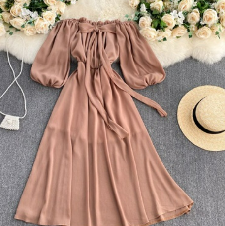 Spring new seaside holiday dress goddess Fan Tianmei with fungus side neck strapless puff sleeve long skirt