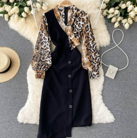 European and American new style 2021 autumn design skirt leopard print stitching irregular hem long sleeve niche dress women