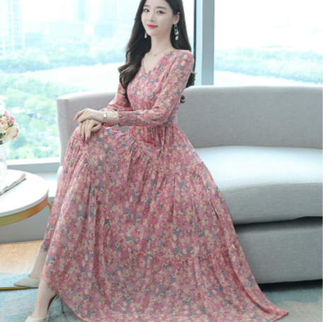 Spring and autumn long-sleeved chiffon floral skirt women 2021 new high-end temperament autumn fashion western style dress for age reduction