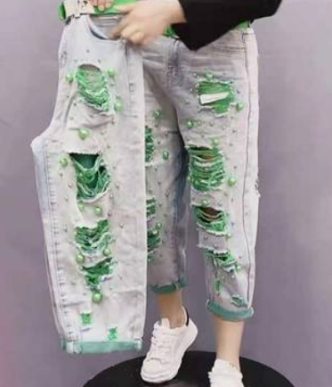 Pearl heavy craft jeans female 2021 summer ins wind old pants thin harem pants ripped holes beaded nine-point pants