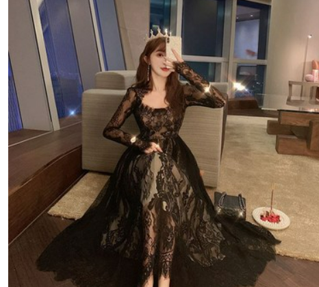 Very fairy French niche dress female 2021 spring and autumn new black dress temperament lace retro long skirt female