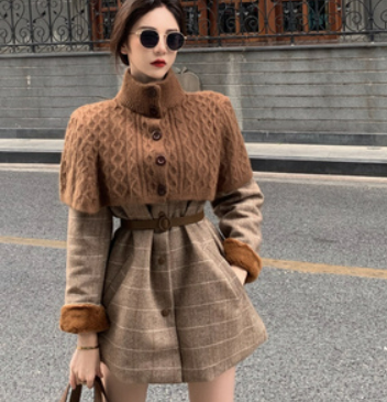 2021 new spring and autumn sweater shawl cloak thick warm plaid suit woolen jacket belt suit women