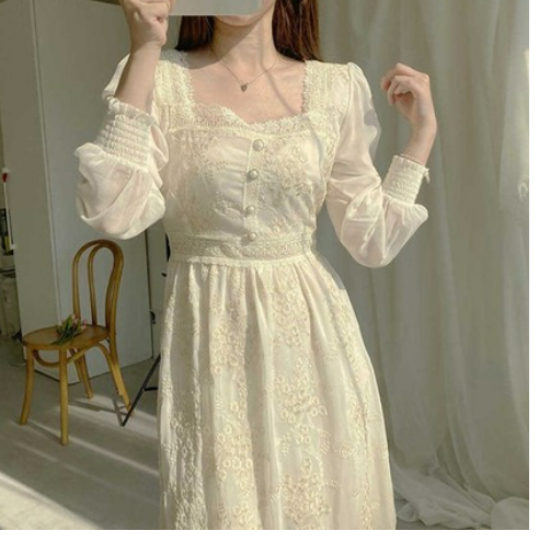 Korean chic retro elegant square collar pearl buckle embellished heavy lace crocheted slim high waist dress long skirt