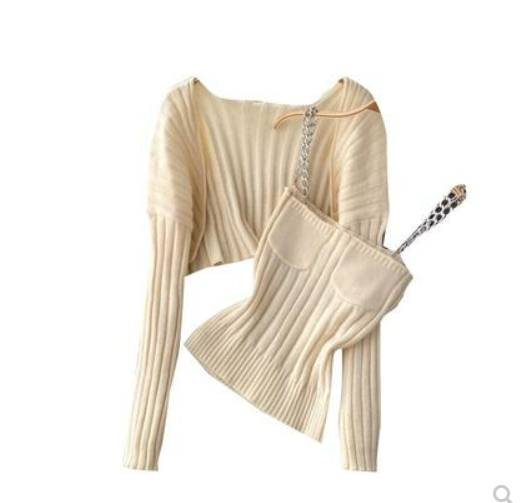 Niche retro small fresh short long-sleeved knitted cardigan women's chain sling tube top two-piece hot girl suit