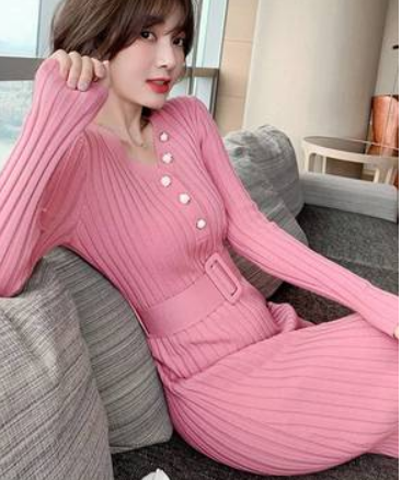 Base Slim Sweater Skirt Spring and Autumn New Mid-length Temperament Pink Long Sleeve Knit Dress Women Fall Winter