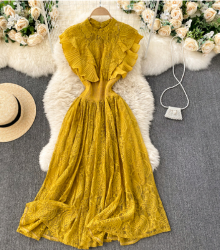 32,000Lightly cooked style women's French elegant feminine pleated ruffled waist thinness lace dress spring dress