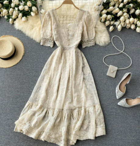 Palace style dress waist summer new style retro heavy embroidery lace square collar slim mid-length ruffle skirt